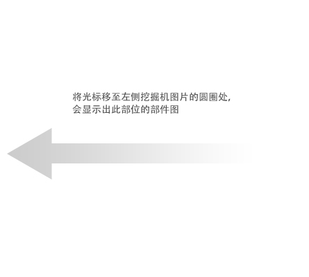 将光标移至左侧挖掘机图片的圆圈处，会显示出此部位的部件图。