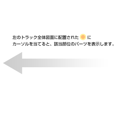 左のエクスカベーター全体図面に配置された印にカーソルを当てると、該当部位のパーツを表示します。